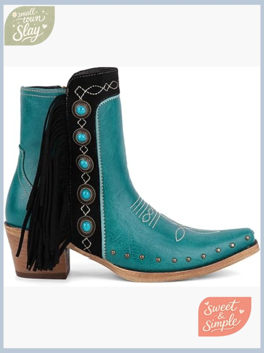 Fringe Studded Cowboy Ankle Booties with Turquoise Stones